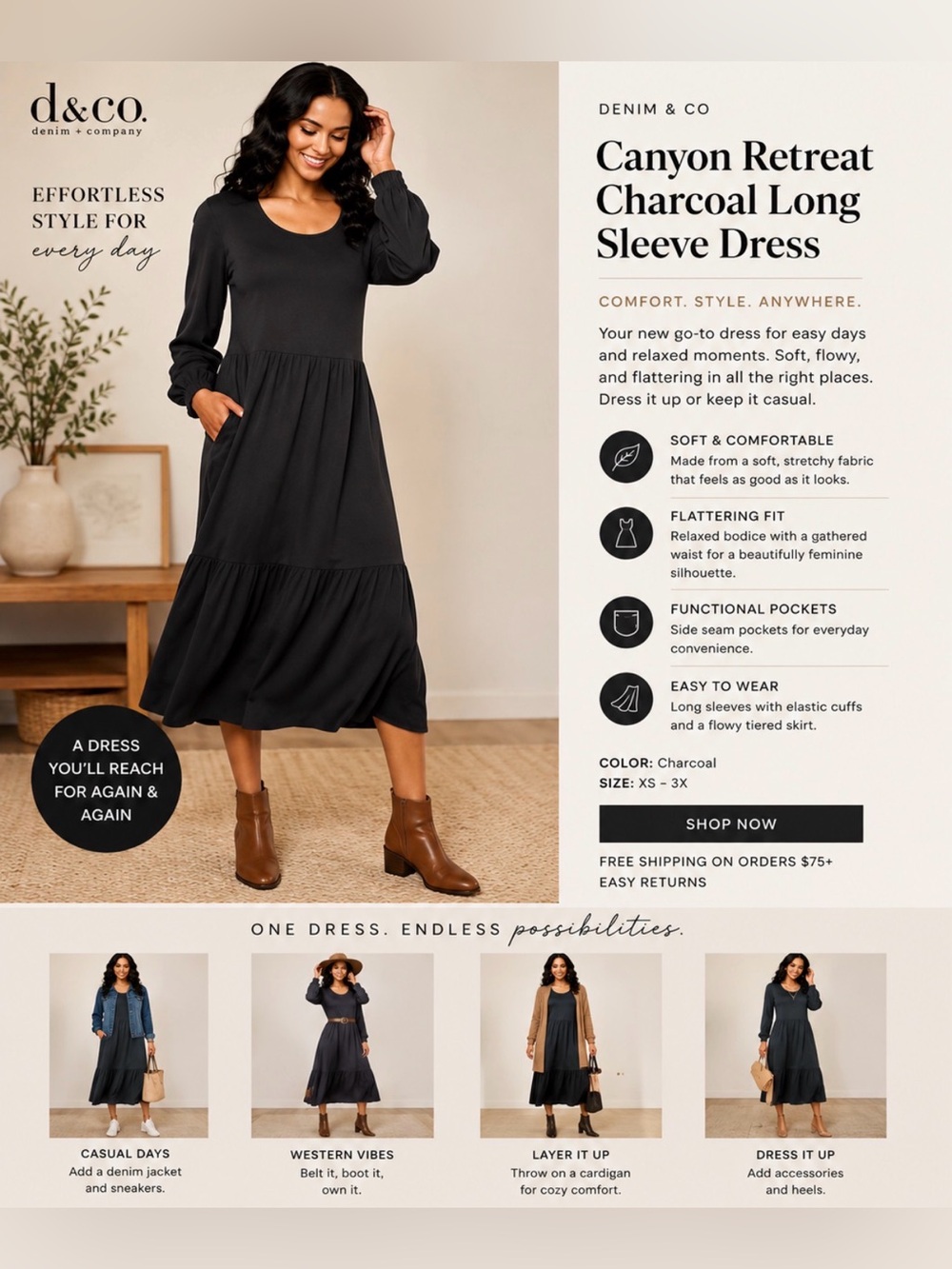 Denim & co Canyon Retreat Charcoal Long Sleeve Dress nwt